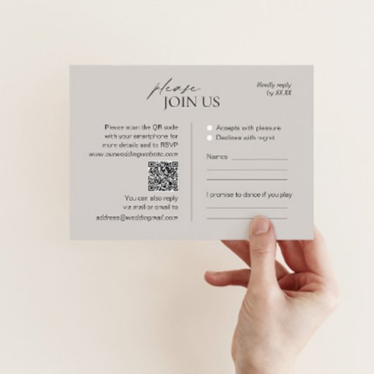 Moderne taupe Hochzeit RSVP Karte mit QR-Code