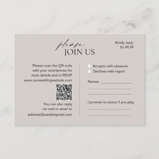 Moderne taupe Hochzeit RSVP Karte mit QR-Code (Vorderseite)