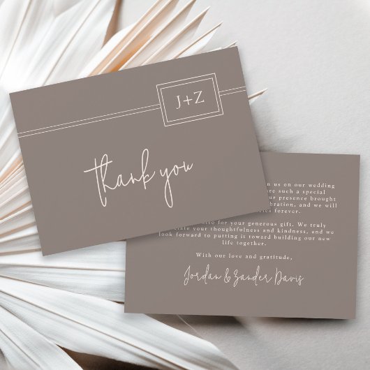 Moderne Taupe Minimalistisch Monogram Wedding Dank Dankeskarte