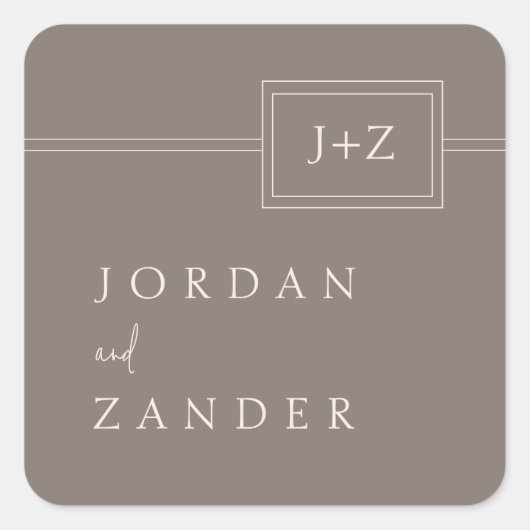 Moderne Taupe Minimalistisch Monogram Wedding Quadratischer Aufkleber (Vorderseite)