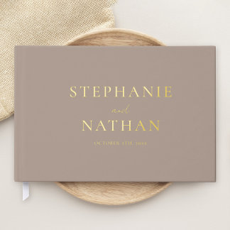 Moderne Taupe Minimalistische Goldmedaille Hochzei Gästebuch