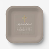 Moderne Taupe Religious Cross First Communion Pappteller (Vorderseite)
