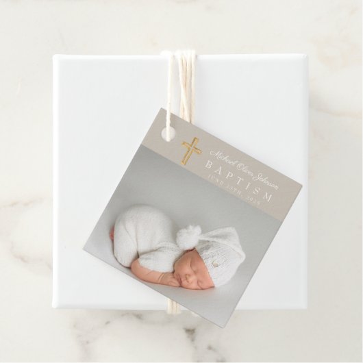 Moderne Taupe Script Foto Taufe Geschenkanhänger (Beispiel)