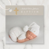 Moderne Taupe Script Foto Taufe Geschenkanhänger (Vorderseite)