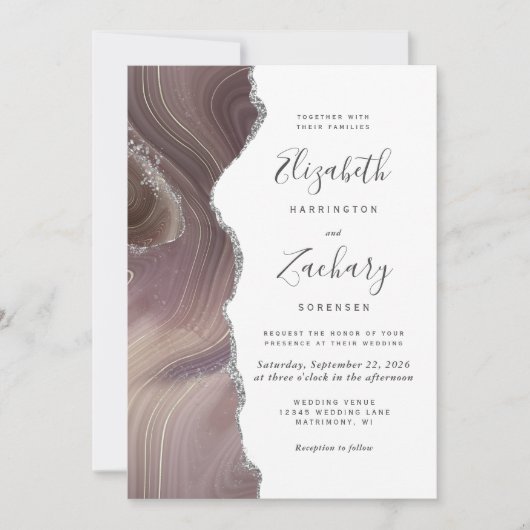 Moderne Taupe Silver Agate Wedding Einladung (Vorderseite)