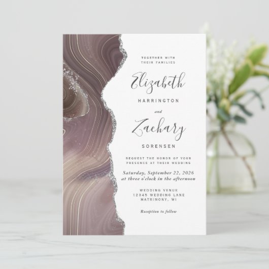 Moderne Taupe Silver Agate Wedding Einladung (Stehend Vorderseite)