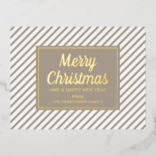 Moderne Taupe-Streifen Frohe Weihnachten Gold Folien Feiertagspostkarte