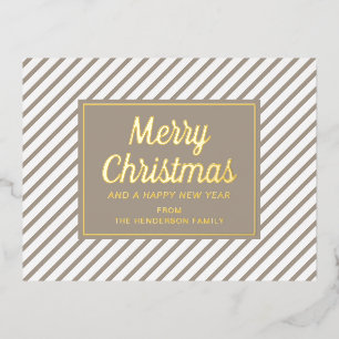 Moderne Taupe Stripes Frohe Weihnachten Gold Folien Feiertagspostkarte