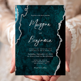 Moderne Teal Blau Achat Silber Schrift Hochzeit Einladung
