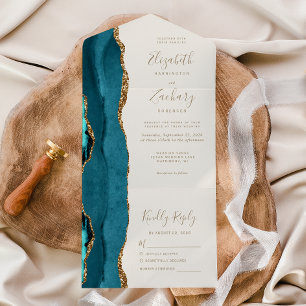Moderne Teal Blau Gold Achat Elfenbein Hochzeit All In One Einladung