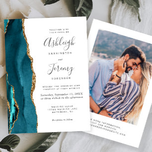 Moderne Teal Blau Gold Achat Foto-Hochzeit Einladung