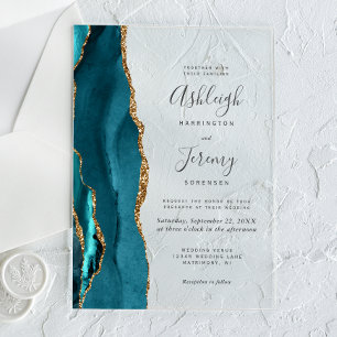 Moderne Teal Blau Gold Achat Hochzeit Acryleinladungen