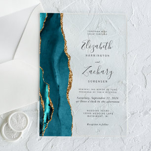 Moderne Teal Blau Gold Achat Hochzeit Acryleinladungen