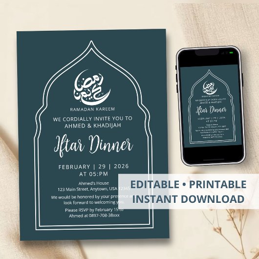 Moderne Teal-Bogen-Ramadan-Iftar-Dinner-Einladung Einladung