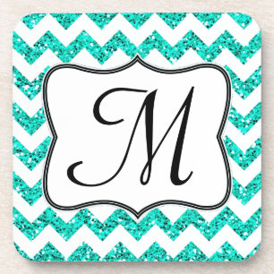 Moderne Teal Glitter Chevron Monogramm Getränkeunt Getränkeuntersetzer