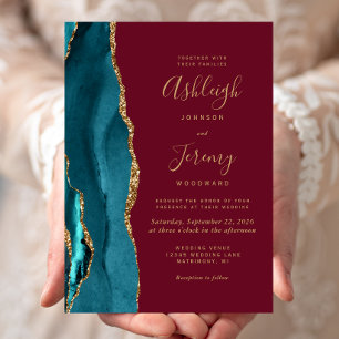 Moderne Teal Gold Achat Burgund Hochzeit Einladung