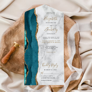 Moderne Teal-Gold-Achat-Marmor-Hochzeit All In One Einladung
