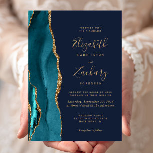 Moderne Teal Gold Achat Navy Blau Hochzeit Einladung