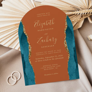 Moderne Teal Gold Achat verbrannte Orange Bogen Ho Einladung