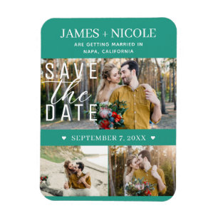 Moderne Teal-Grün Save-the-Date-Hochzeit 3 Fotos Magnet