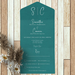 Moderne Teal-Minimal-Monogramm-Dinnerparty All In One Einladung