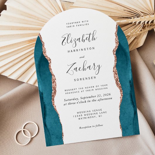 Moderne Teal-Roségold-Achat-Bogen-Hochzeit Einladung