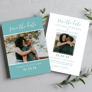 Moderne Teal-Schriftzug-Foto-Hochzeit Save The Date