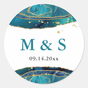 Moderne Teal-Wasserfarbe Gold-Achat Personalisiert Runder Aufkleber