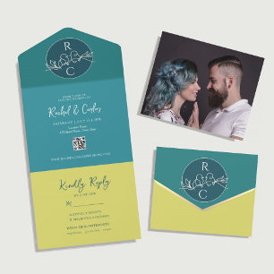 Moderne Teal-Zitrus-Grün-Monogramm-Foto-Hochzeit All In One Einladung