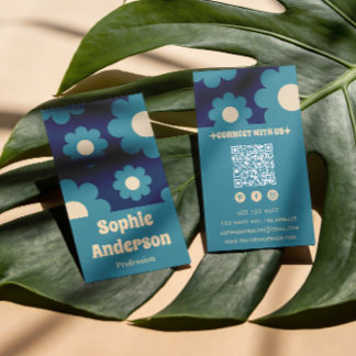 Moderne Tealblaue Retro-Blumenmuster mit QR-Code Visitenkarte