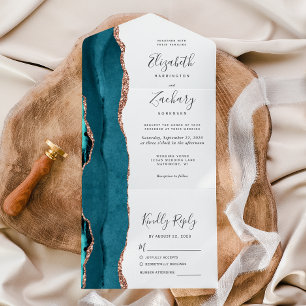 Moderne Tealblaue Rosen-Gold-Achat-Hochzeit All In One Einladung