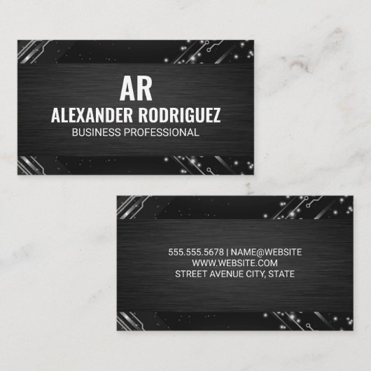 Moderne Tech Nodes | Schwarze Textur | Monogramm Visitenkarte (Vorne/Hinten)