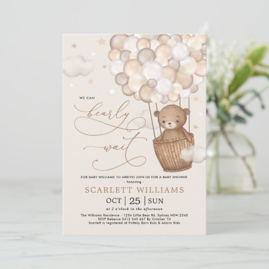 Moderne Teddy Bear Hot Air Balloons Babydusche Einladung (Stehend Vorderseite)