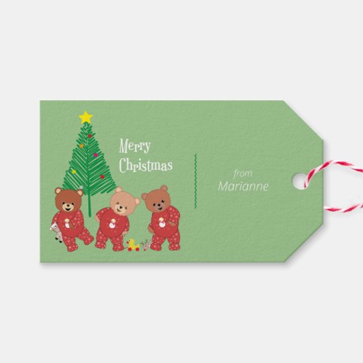 Moderne Teddybären in Weihnachten Pajamas mit Bäum Geschenkanhänger (Vorderseite (Horizontal))