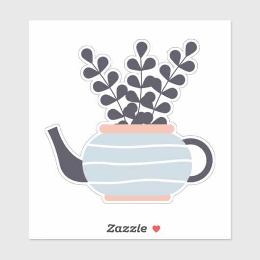 Moderne Teekanne mit Pflanze in Pastelltönen Aufkleber (Blatt)