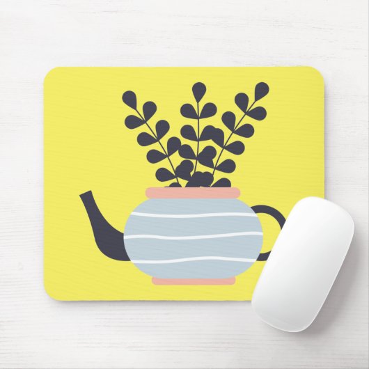 Moderne Teekanne mit Pflanze in Pastelltönen Mousepad (Mit Mouse)