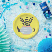 Moderne Teekanne mit Pflanze in Pastelltönen Pappteller (Party)