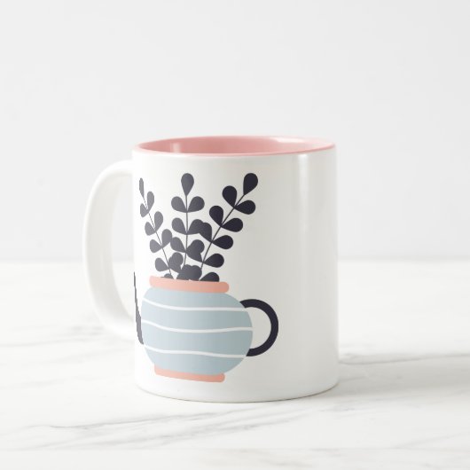 Moderne Teekanne mit Pflanze in Pastelltönen Zweifarbige Tasse (Vorderseite Links)
