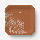 Moderne Terra Cotta Monogram Floral Square Pappteller (Vorderseite)
