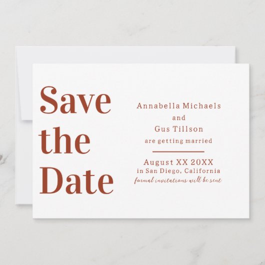 Moderne Terra Cotta und weißer großer Schriftart Save The Date (Vorderseite)