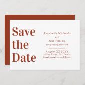 Moderne Terra Cotta und weißer großer Schriftart Save The Date (Vorne/Hinten)