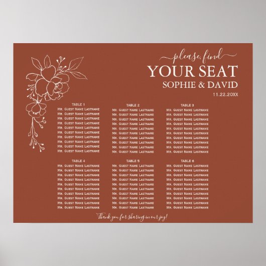 Moderne Terracotta 6 Table Wedding Chart Poster (Vorne)