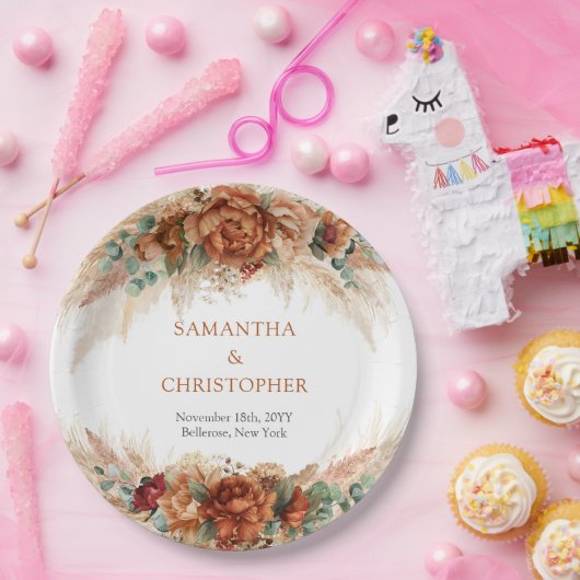 Moderne Terracotta-Blume Bordeaux Pampas Grünpflan Pappteller (Party)