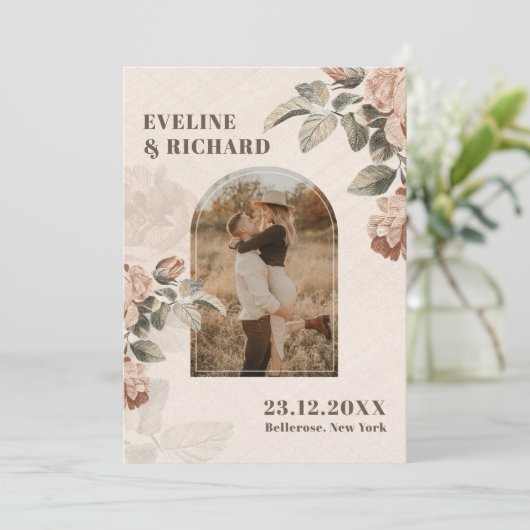 Moderne Terracotta-Blume errichten grüne Blätter Einladung (Stehend Vorderseite)