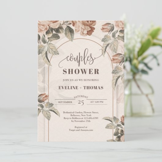 Moderne Terracotta-Blume Sali-Bogen-Paare Dusche Einladung (Stehend Vorderseite)