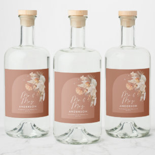 moderne Terracotta bohemian pampas grass Mr. & Mrs Alkoholflaschenetikett