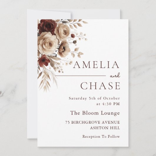 Moderne Terracotta Bohemische Blumenhochzeit Einladung (Vorderseite)