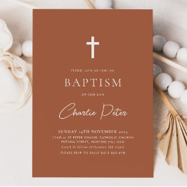 Moderne Terracotta Boys kreuzen Taufe Einladung