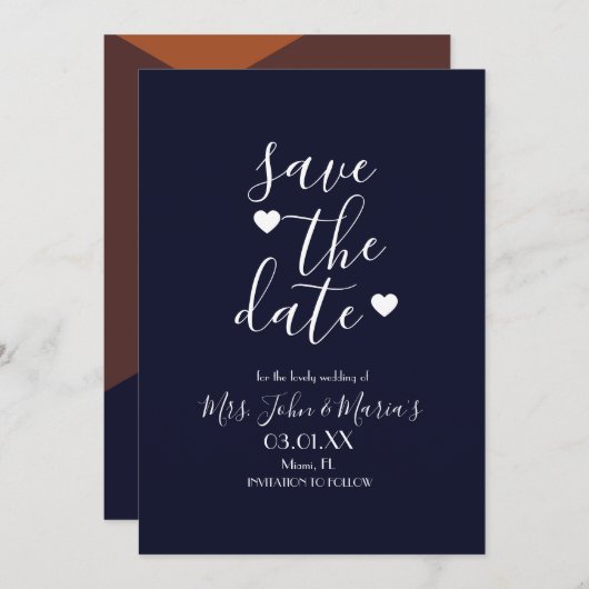 Moderne Terracotta Chocolate Navy Save the Date Einladung (Vorne/Hinten)