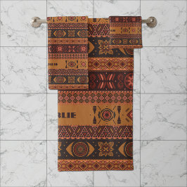Moderne Terracotta Ethnisches Tribal Ziermuster Badhandtuch Set